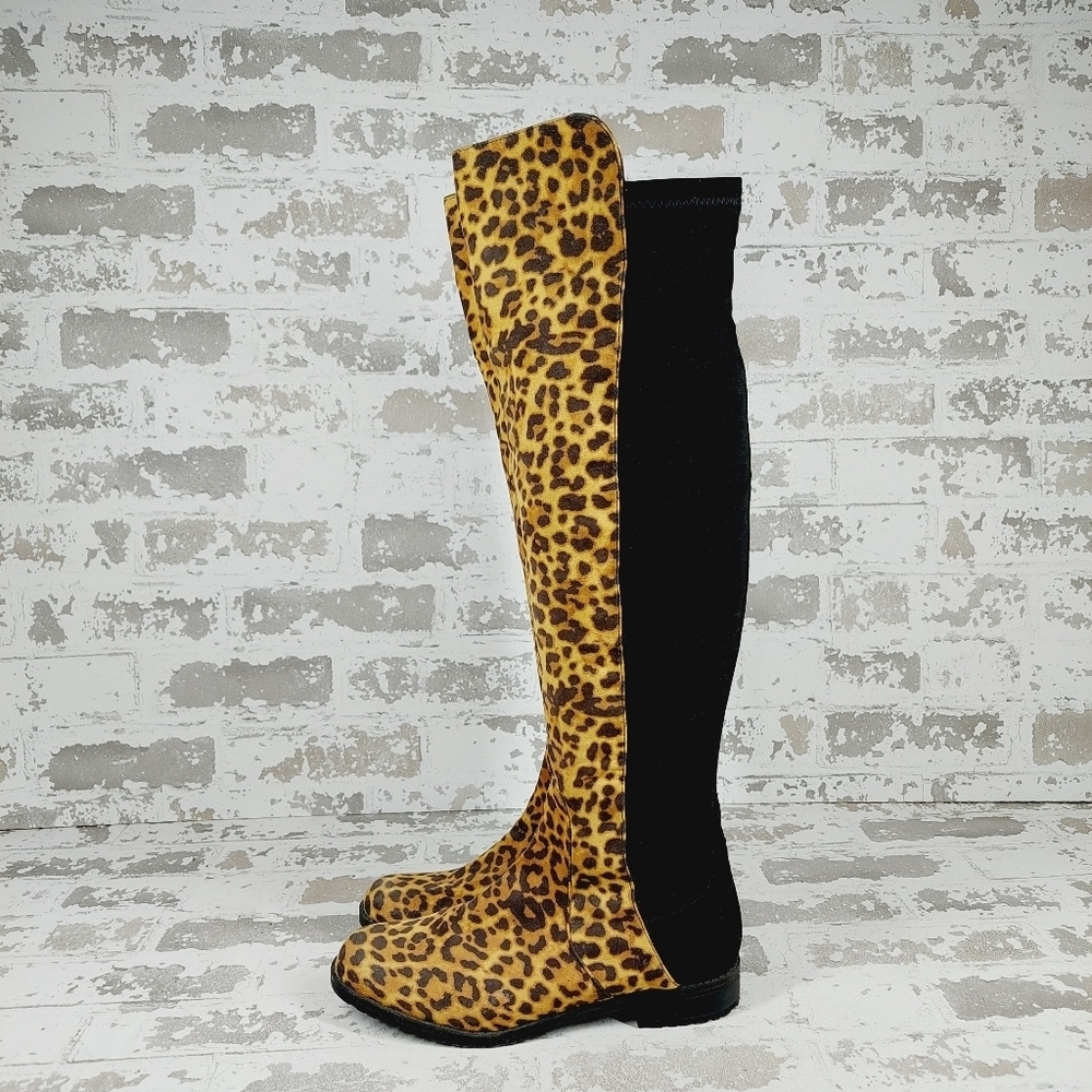 Unisa Ungillean Leopard Print  Mixed Material Stretch Panel Low Heel Boots F306